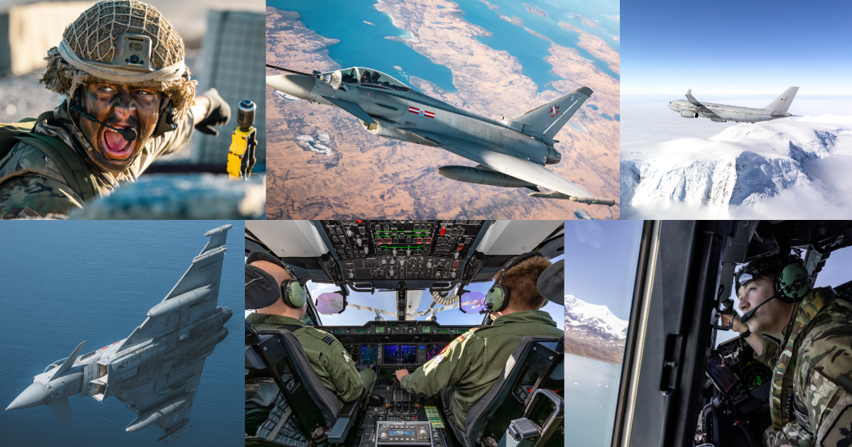 A portfolio of photographs from British Forces South Atlantic Islands. Imagery focuses on aircraft in flight over the Falkland Islands such as an RAF Voyager and a Typhoon, as well as the RAF personnel responsible for their operation during flights.