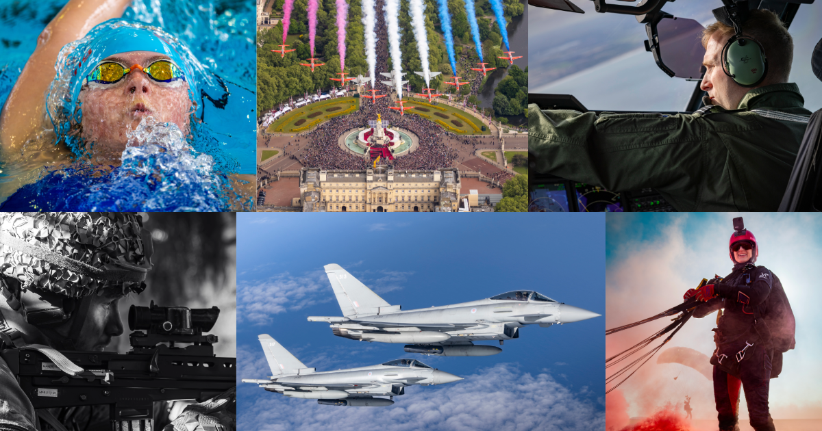 A portfolio of photographs from RAF Waddington. Imagery includes a member of the RAF Regiment looking down the scope of their rifle, a member of the Falcons Display Team smiling at the camera after a successful paraglide drop, and a birds-eye shot of the Red Arrows flying over Buckingham Palace.