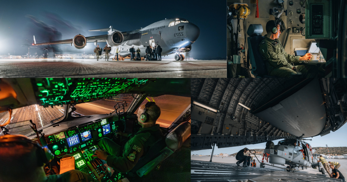 "Wildcat on the Move". A portfolio of photographs showing an RAF Voyager unloading a Wildcat helicopter from its loading dock, as well as the crew of both aircraft.