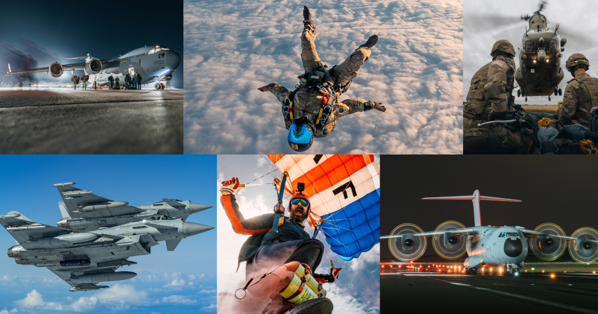 A portfolio of photographs by Sergeant Lee of Viscom Ops. There is a range of imagery. There are two photos of an RAF Voyager taking off from a runway, as well as shots of members of both the Falcons and Black Cats Display Teams.