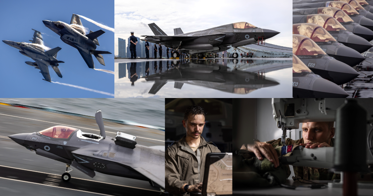 A portfolio of photographs by Air Specialist 1 Amber of RAF Marham. Images focus on F-35Bs in flight and in position on the runway in Singapore, as well as shots of RAF personnel in their day-to-day life, such as stitching patches onto a uniform.