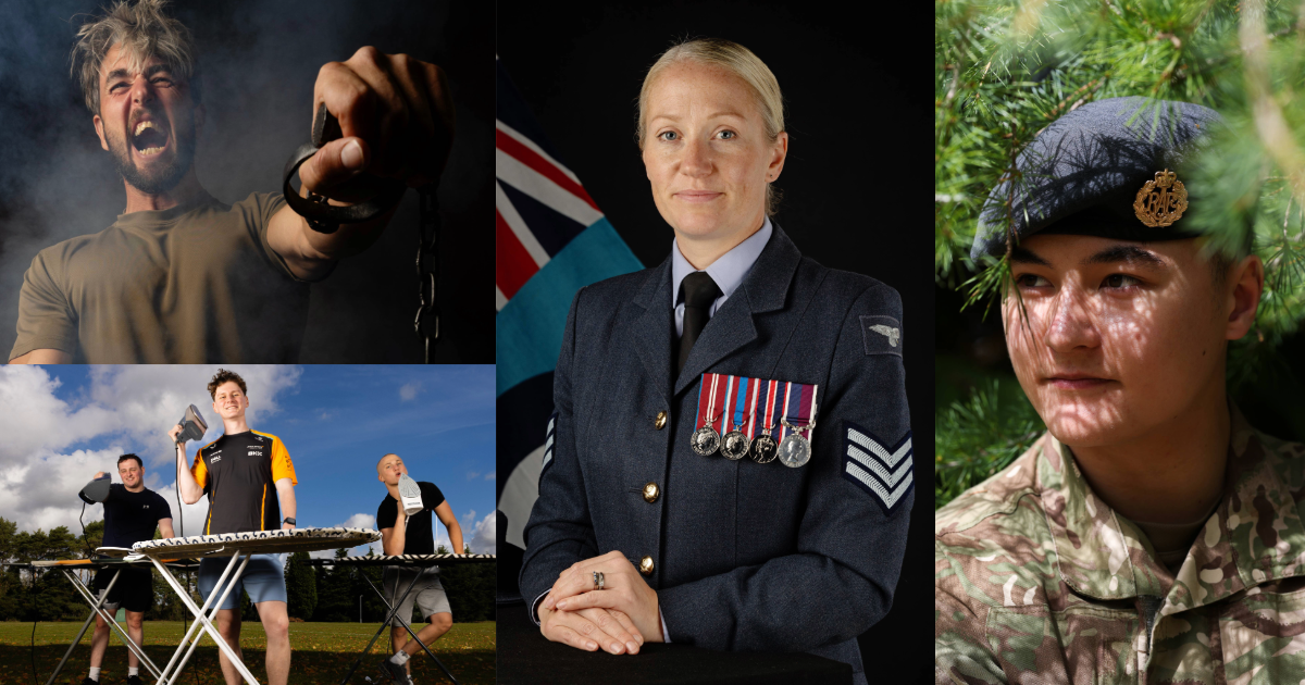 A portfolio of photographs by Air Recruit Phoebe of RAF Cosford. Images focus on portraits of RAF personnel including a serving Sergeant, as well as a humorous shot of RAF personnel posing with ironing boards.