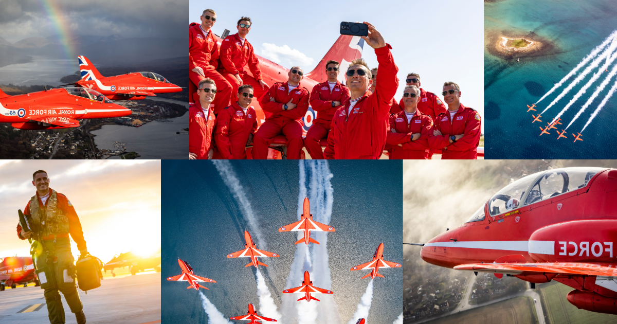 A portfolio of photographs by Air Specialist 1 Iwan of the Red Arrows. Images focus on the Red Arrows Display Team on a flight over the sea, as well as shots of the team taking a selfie together afterwards.