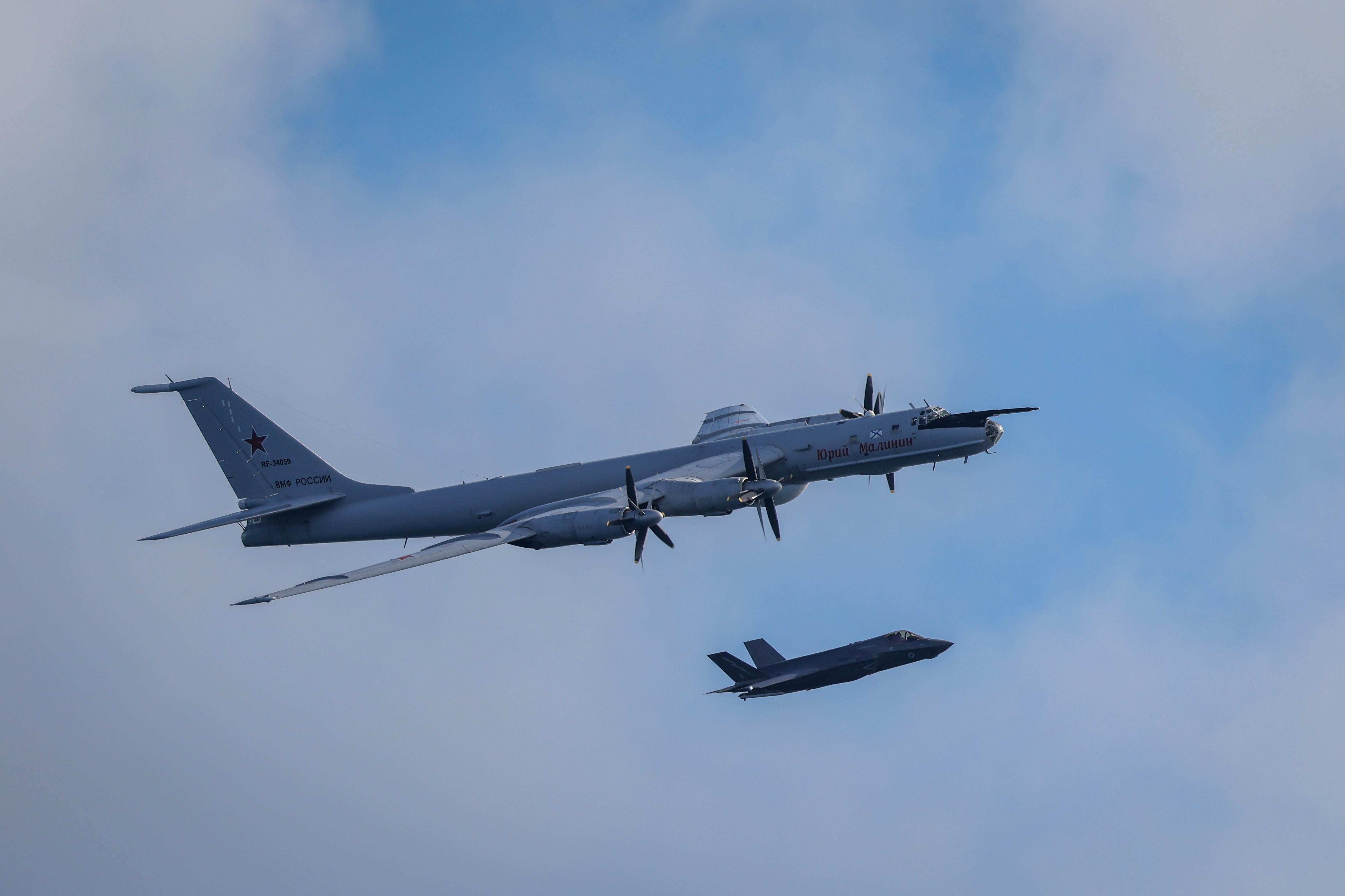 A UK F-35B intercepts a Russian 'Bear F' aircraft in the High North.