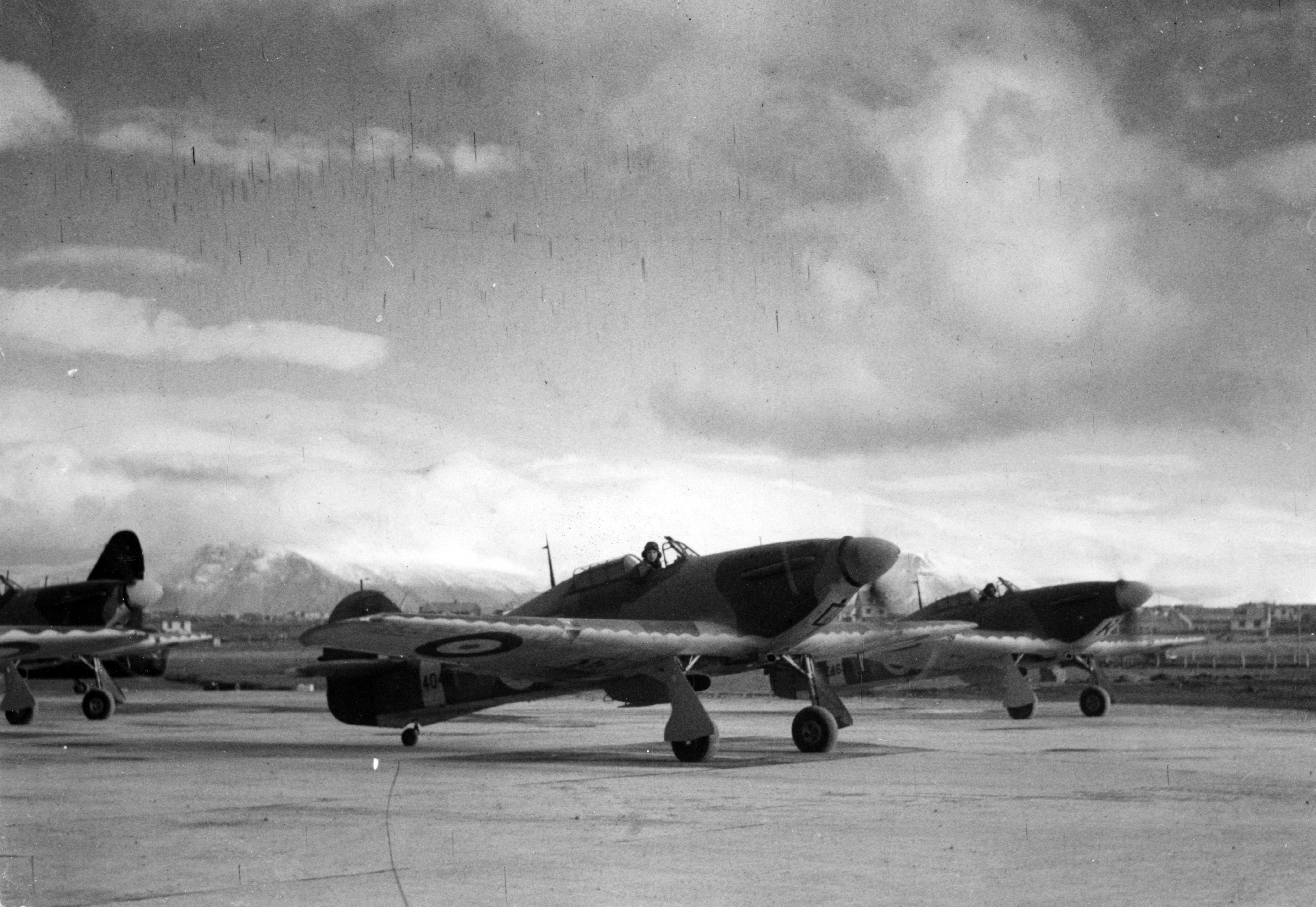 Hurricanes of 1423 Fighter Flight, preparing to take off from Reykjavik, Iceland.
