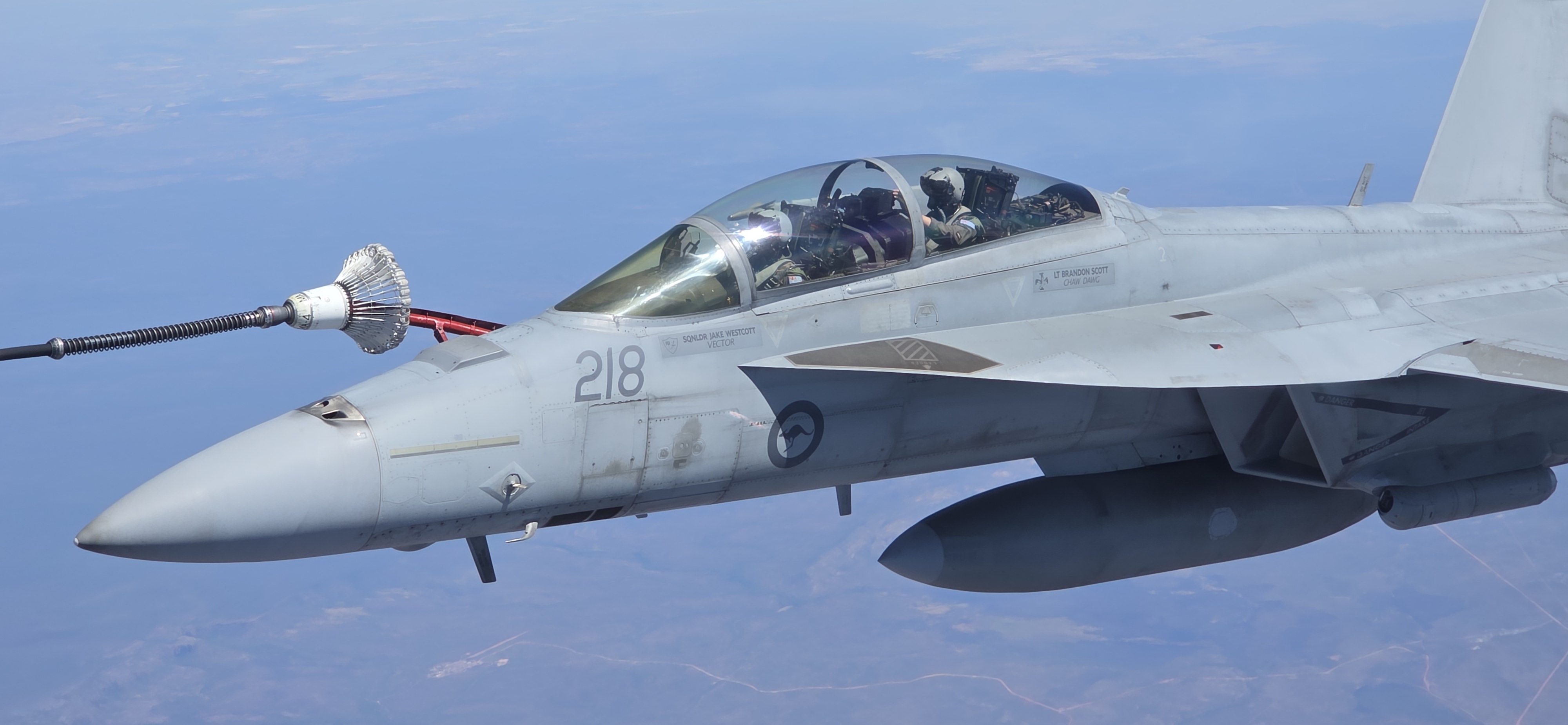 An RAF Voyager air-to-air refuelling an Australian Air Force EA-18G Growler.