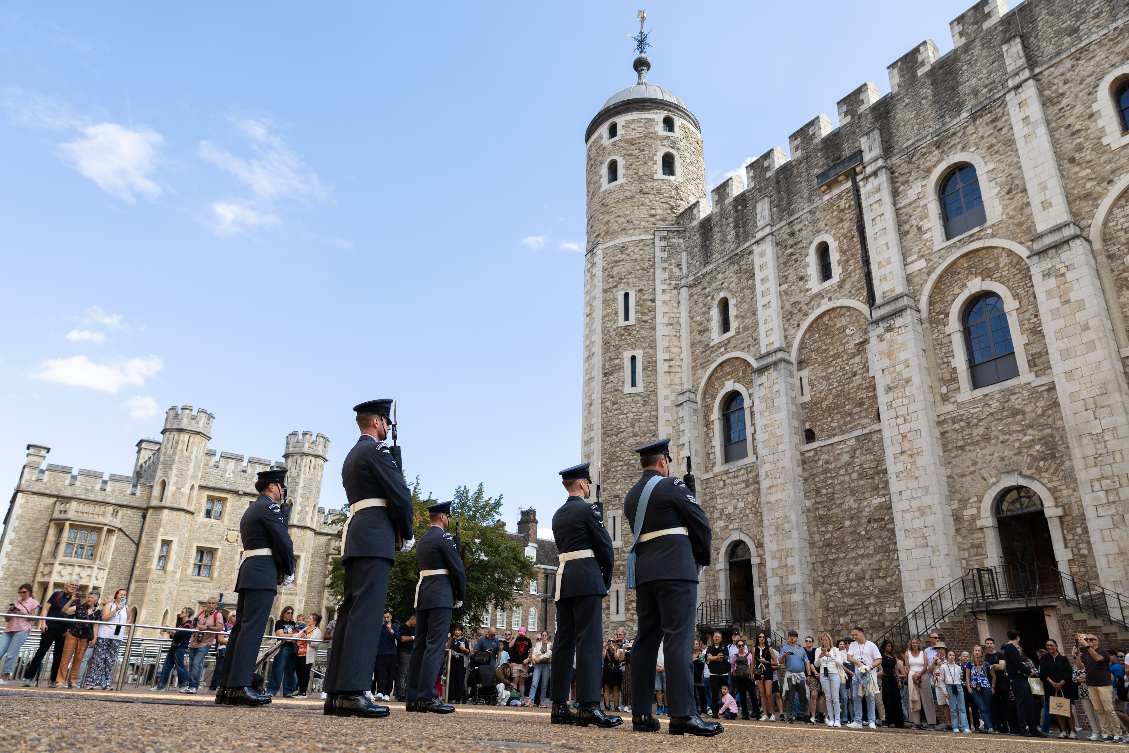 Personnel from the King's Colour Squadron pictured in formation outside the Tower of London.