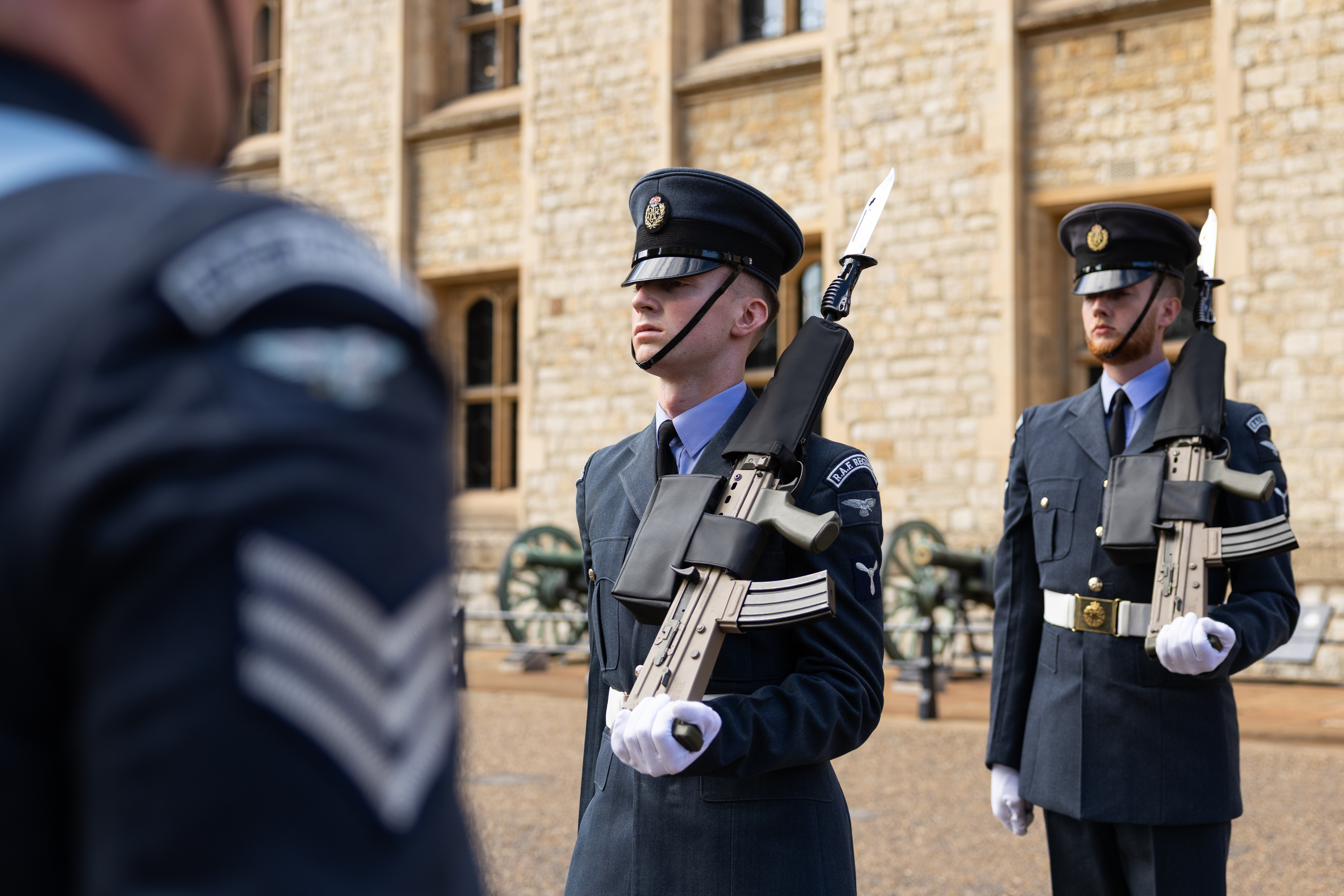 Service personnel from the King's Colour Squadron pictured outside of the Tower of London.