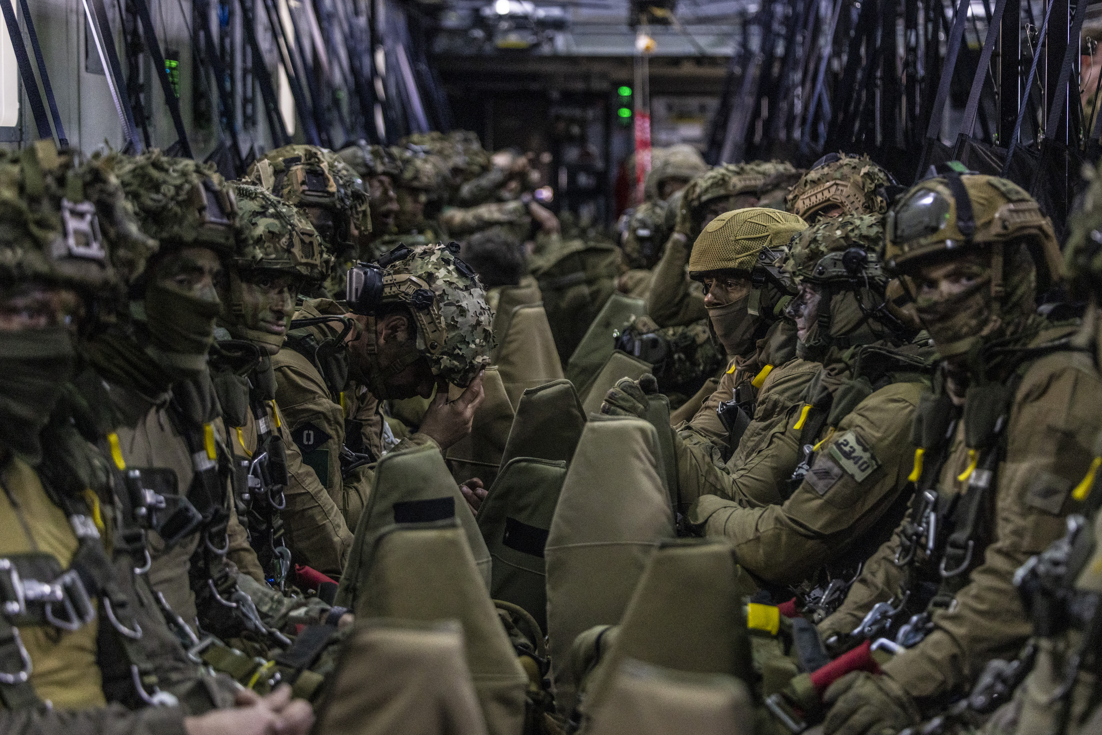 French paratroopers pictured inside an aircraft before they drop, on Exercise Rhino Titan.