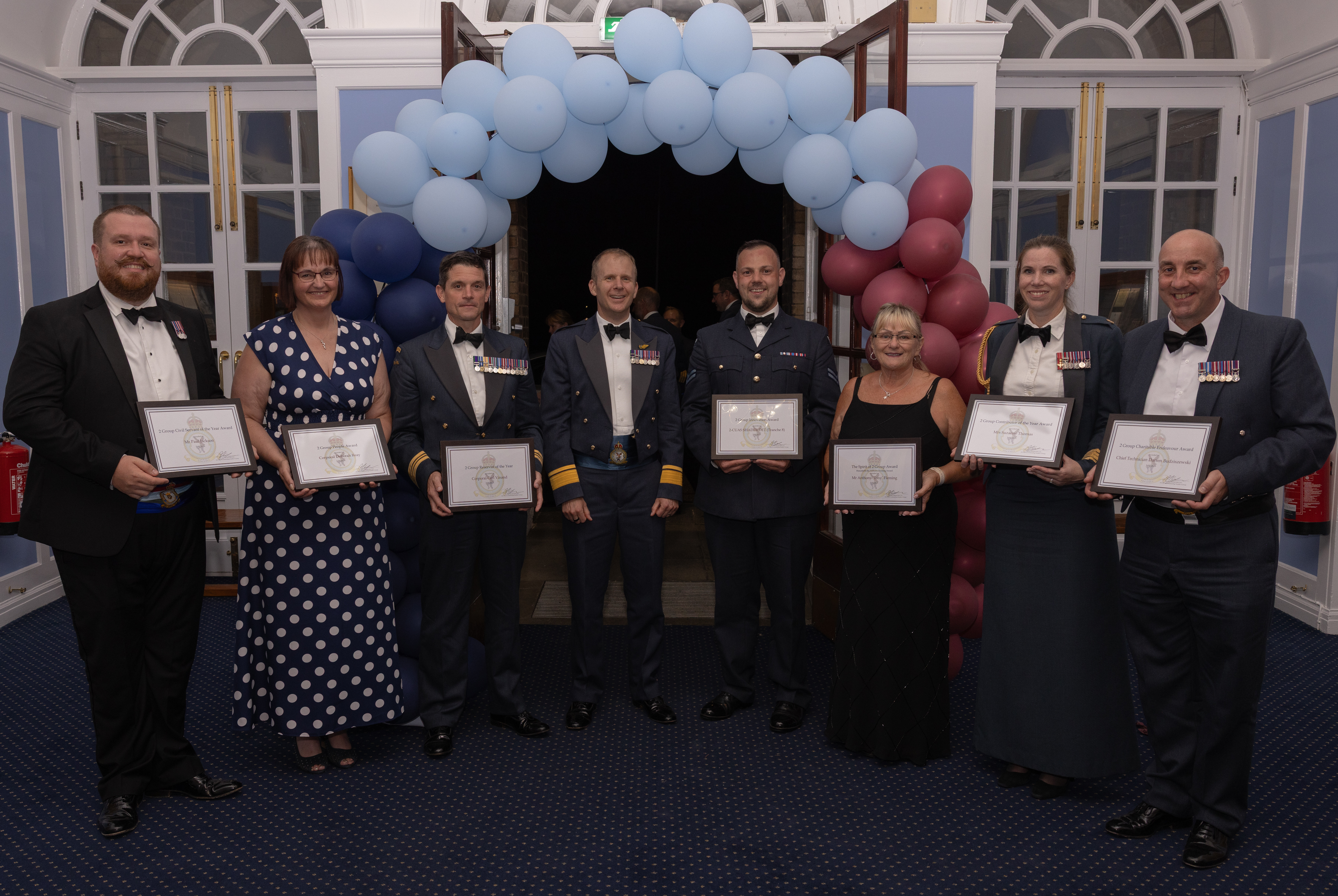 Award winners L-R (Mr Paul Jackson, Cpl Deborah Reay, Sqn Ldr Lovejoy, AVM Lyle, Cpl Darren Blair, Mandy Fleming, Gp Capt Henton, Chief Technician Budziszewski)