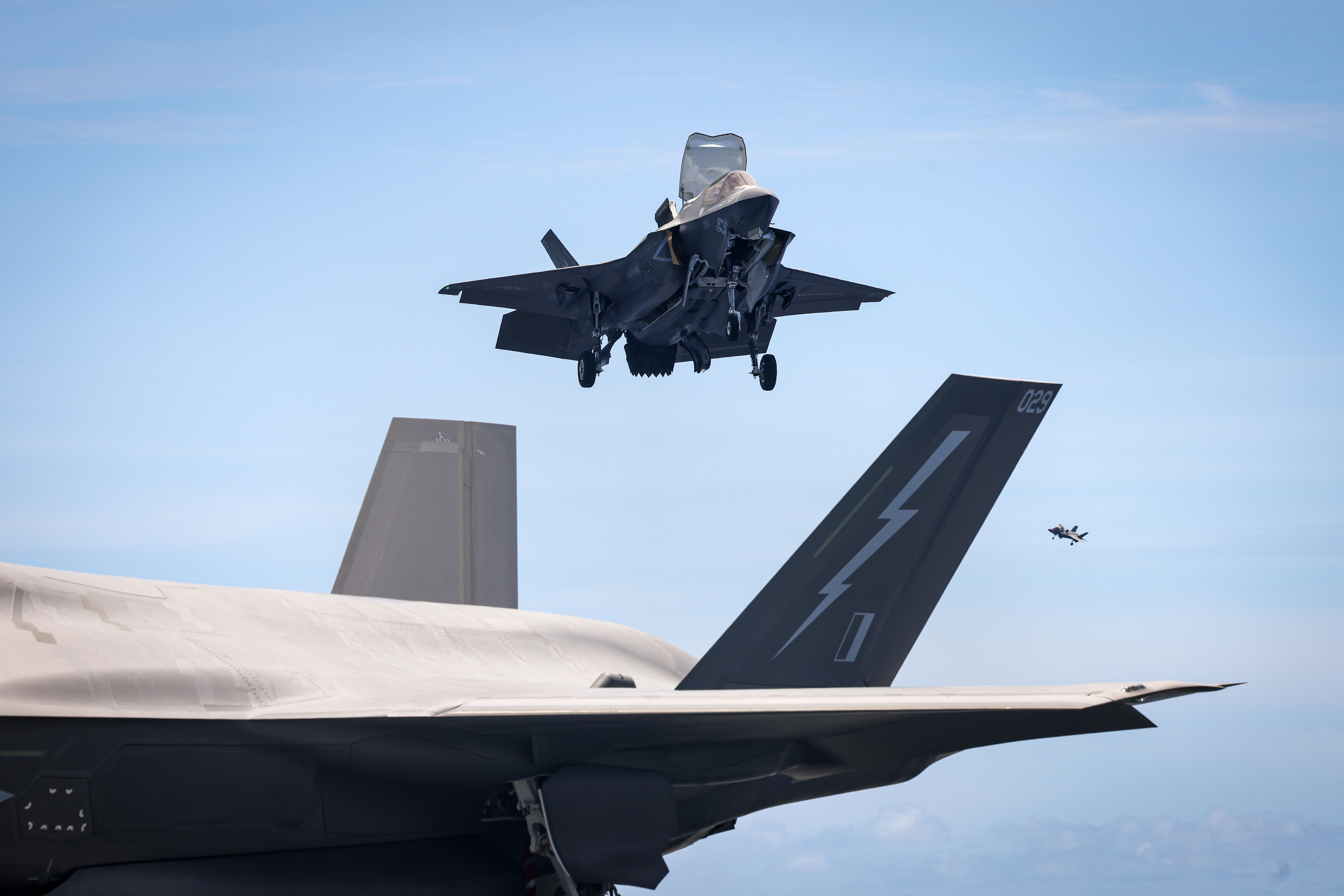 An F-35 comes in for a vertical landing
