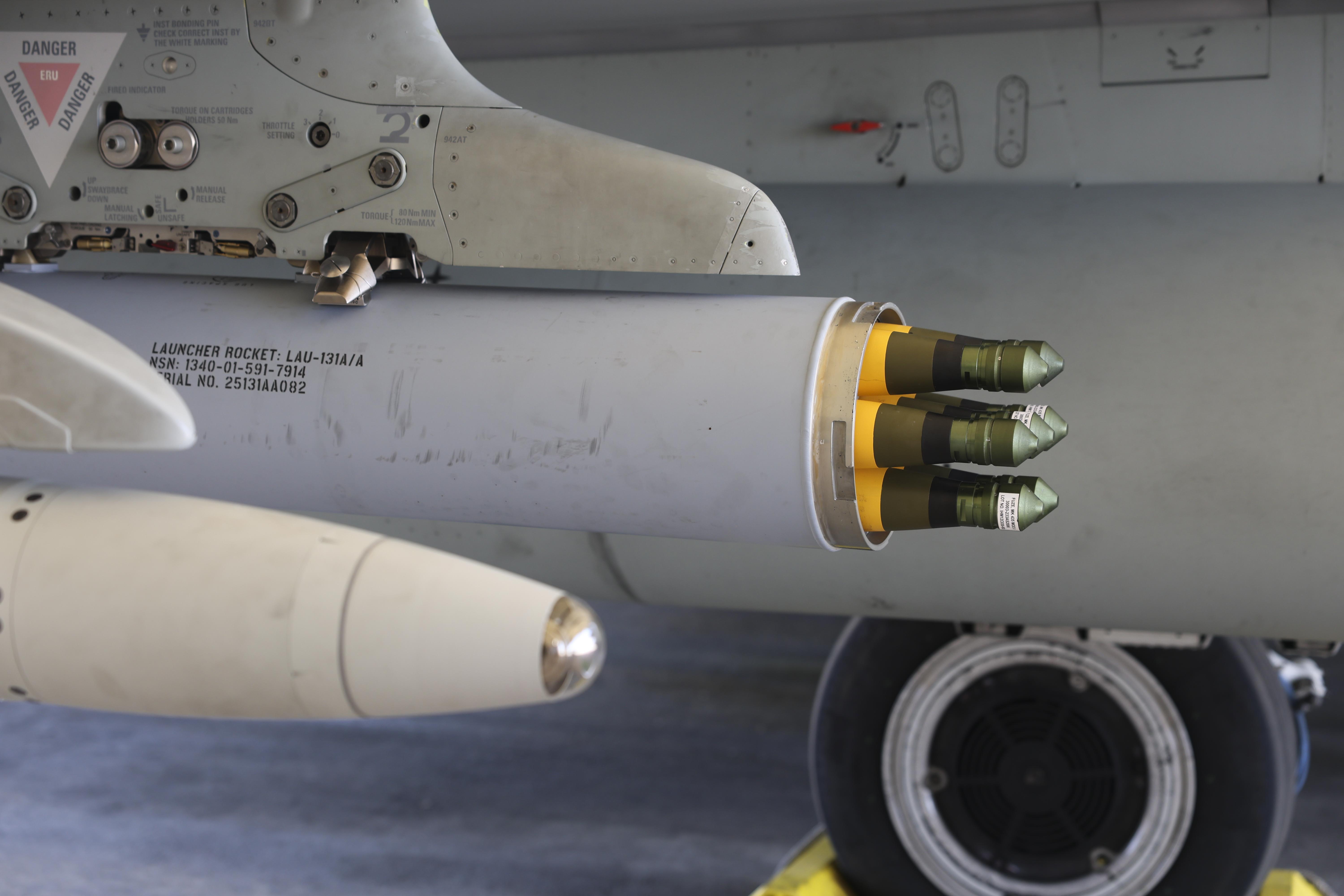 A close-up of the APKWS fitted to the undercarriage of an RAF Typhoon.