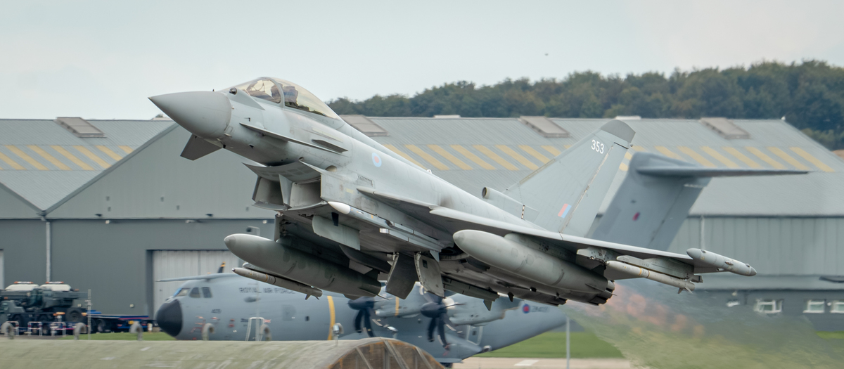Image shows an RAF Typhoon taking off.