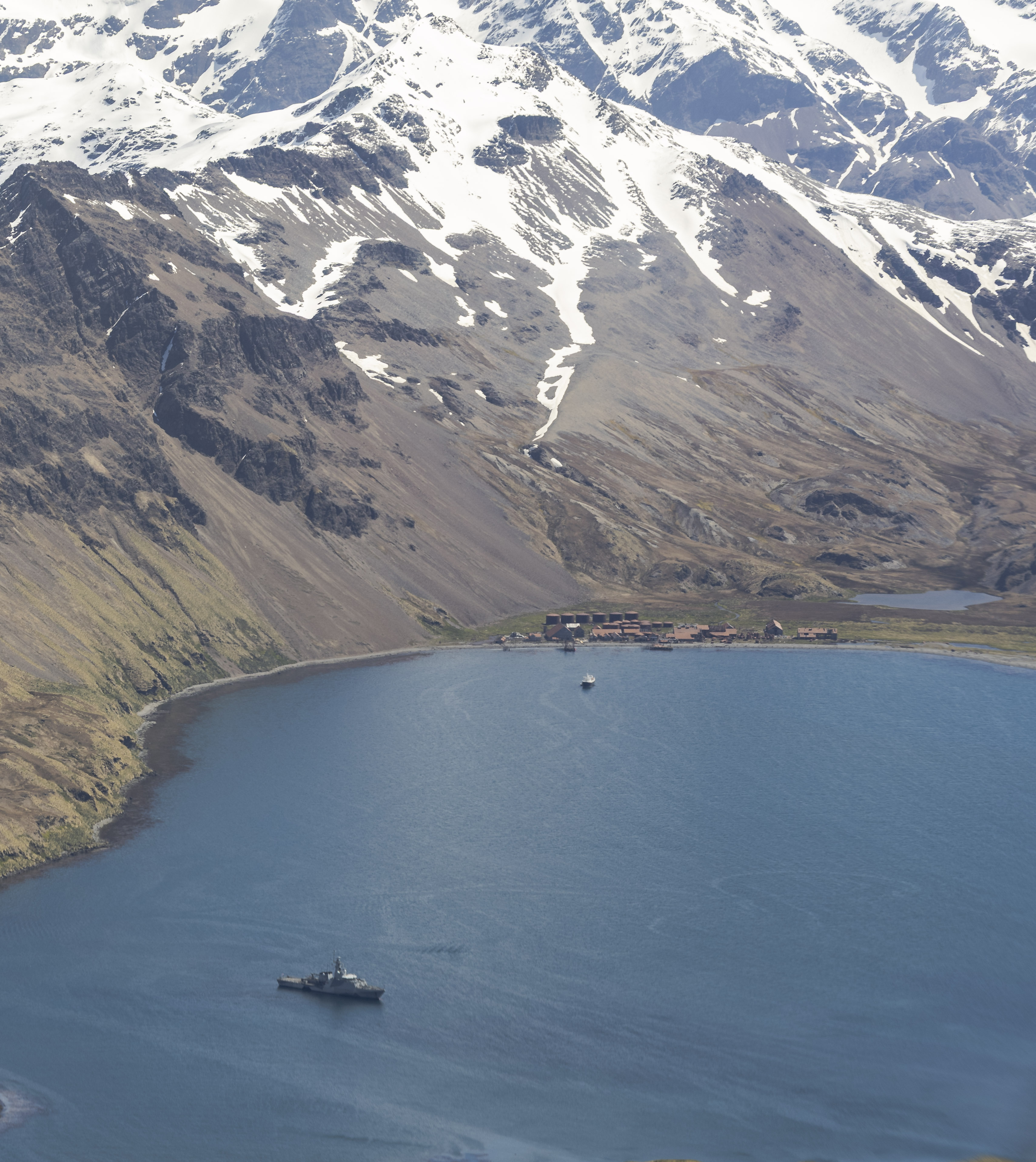 A picture of HMS Forth in the bay of King Edward Point in South Georgia.E