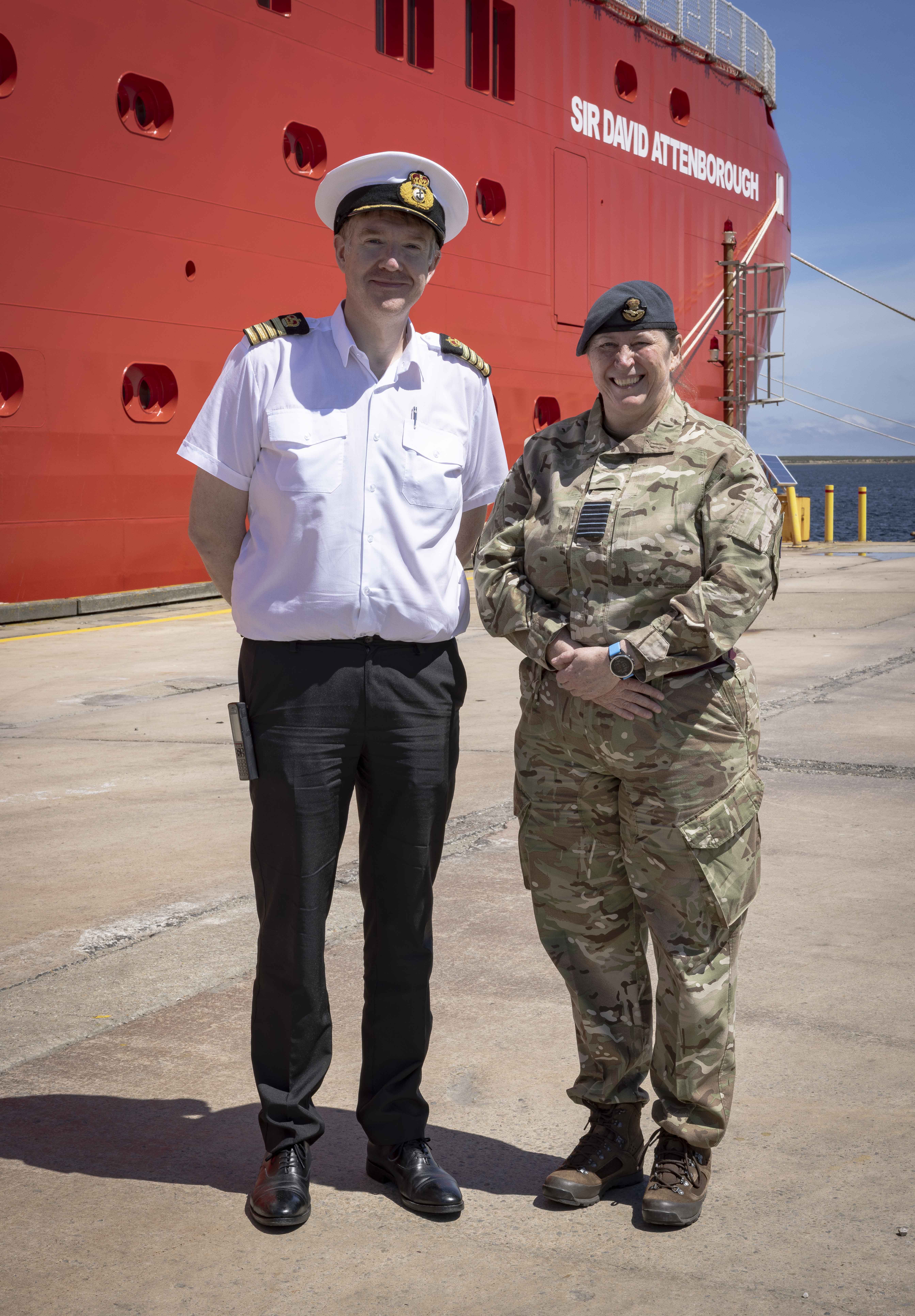 Group Captain Stratton and Captain Stevens alongside the RSS David Attenborough.