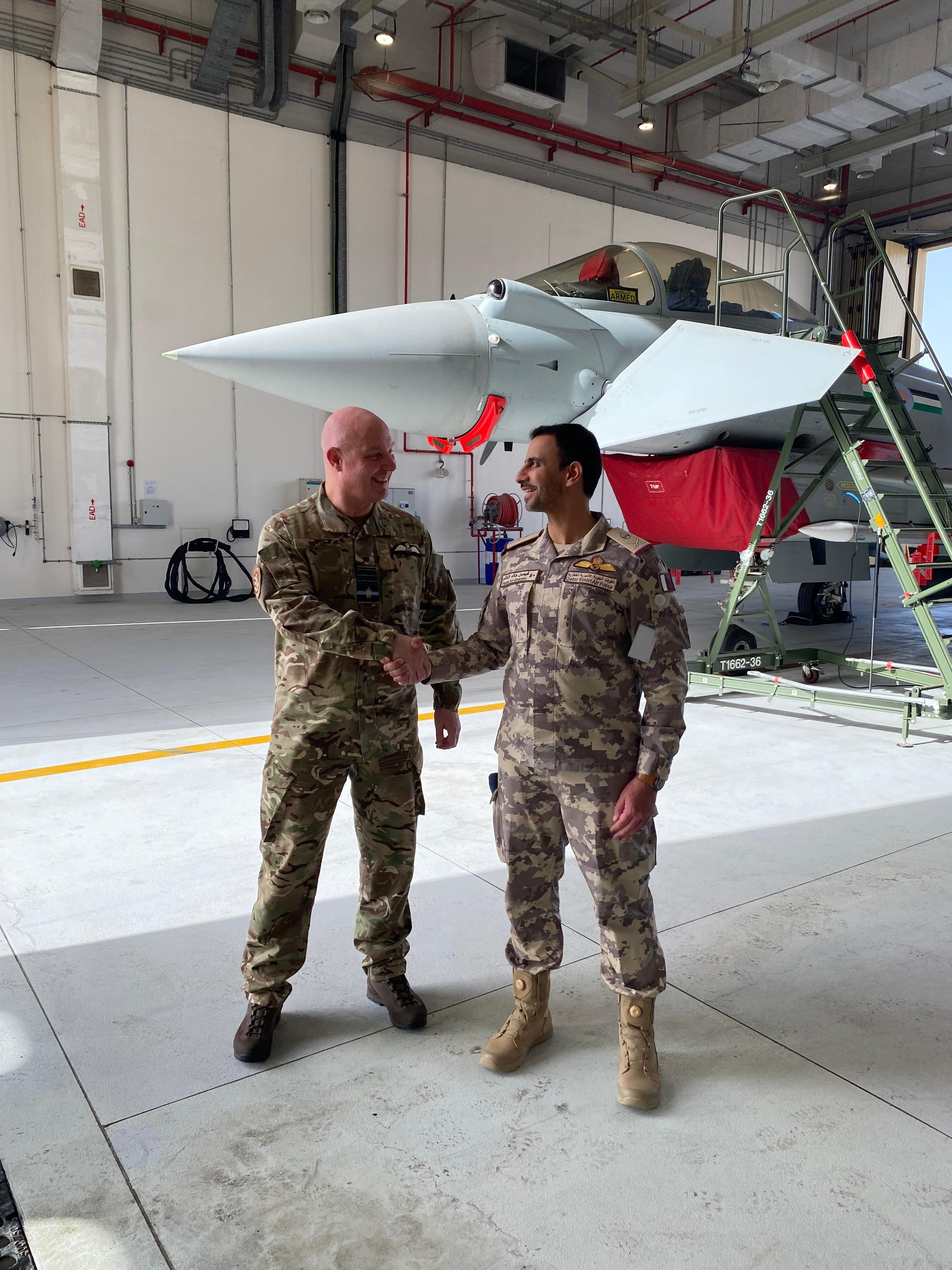 Chief of the Air Staff Sir Harv Smyth shaking hands with General Faisal of the Qatar Emiri Air Force.