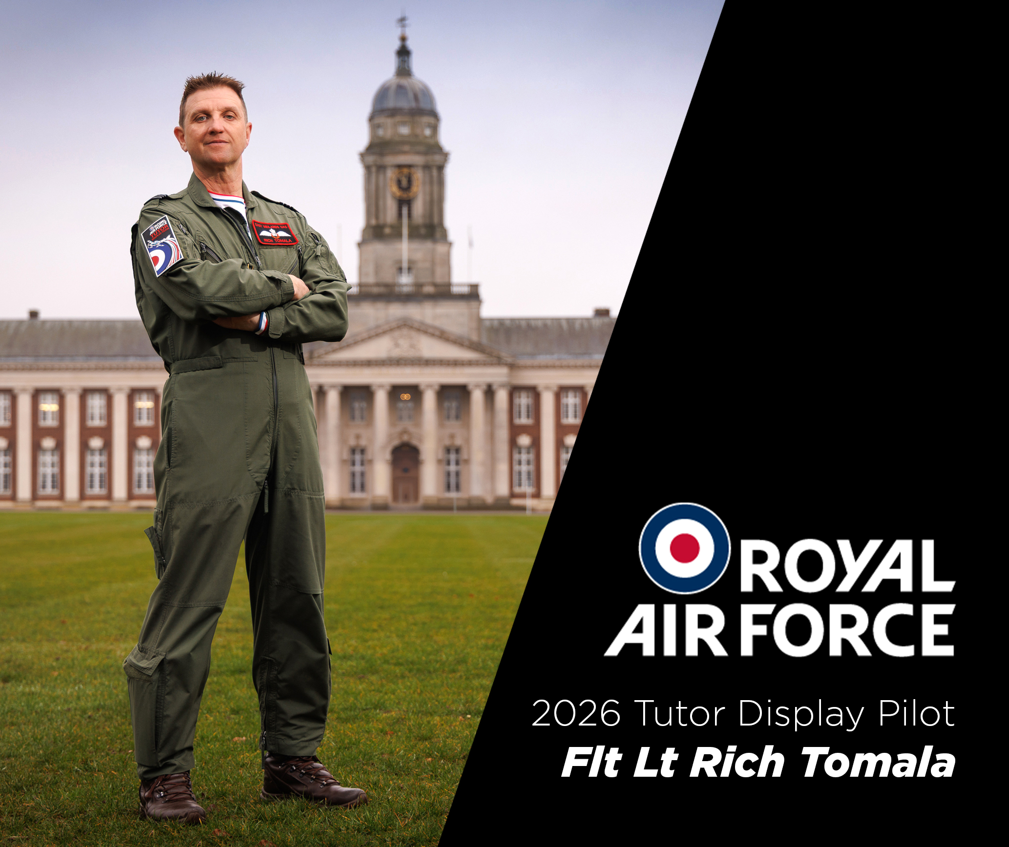 Graphic to showcase Tutor Display Pilot Rich Tomala outside of RAF Cranwell.