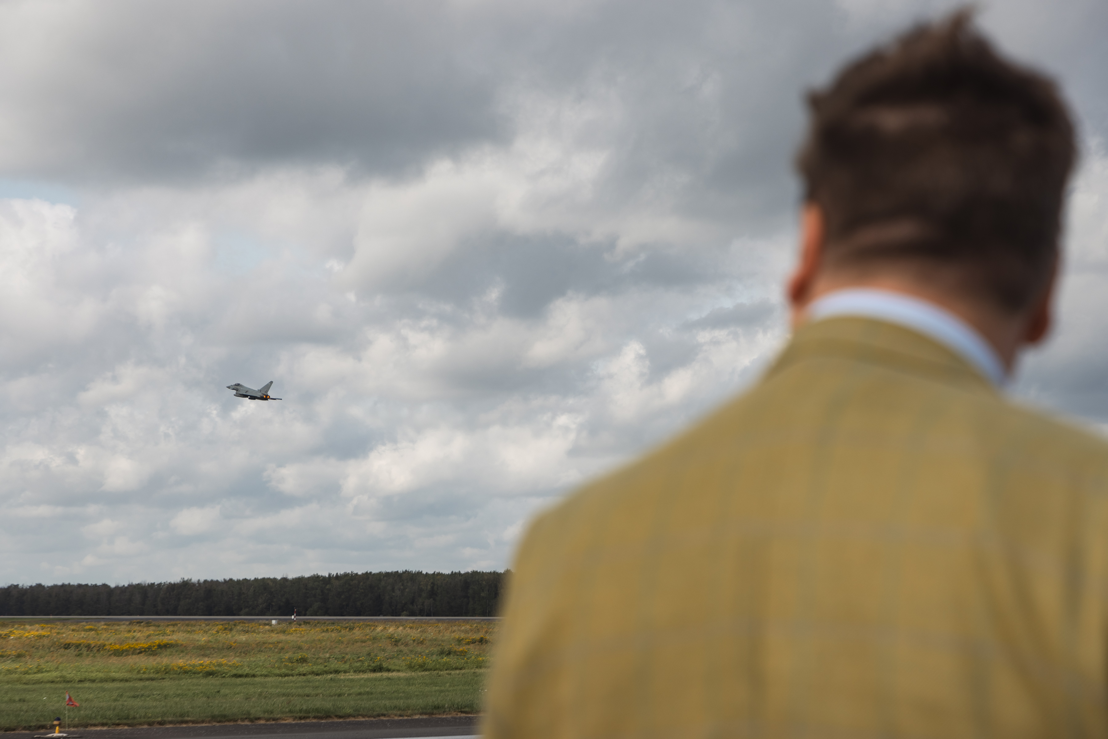 Defence minister watching as a Typhoon takes to the sky