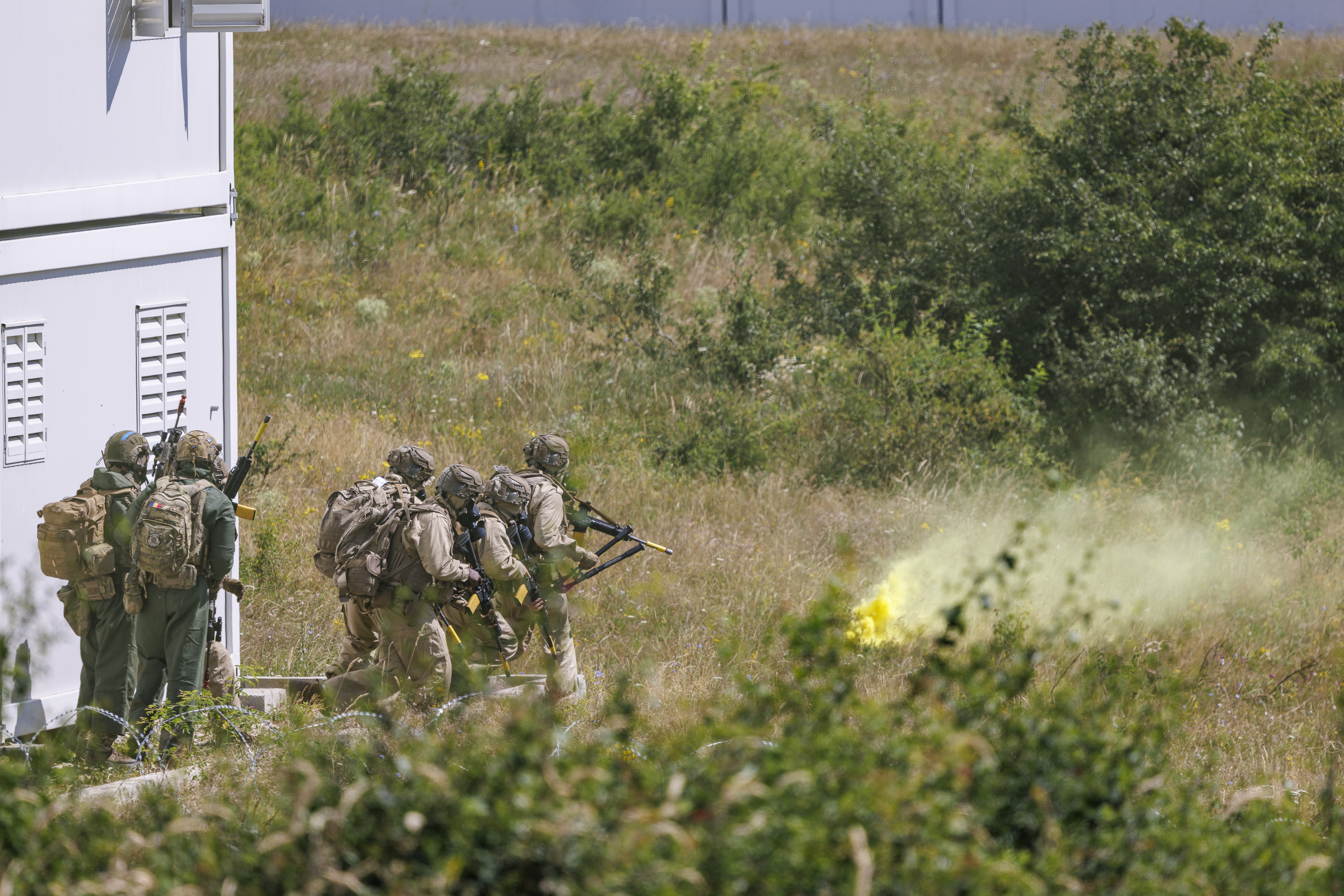 Military personnel on patrol in grassland