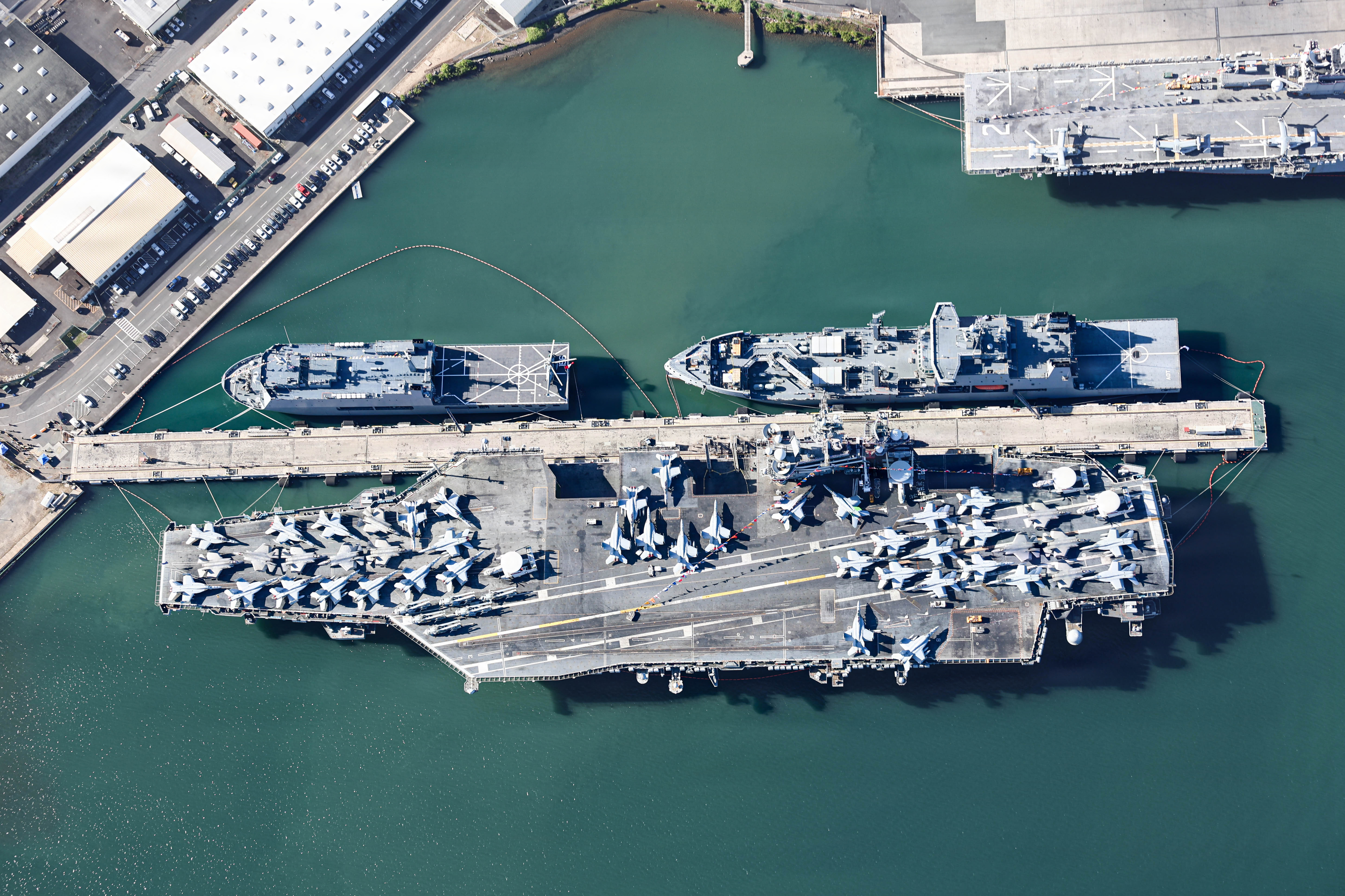 A birds eye view of a US aircraft carrier pictured on Ford Island.