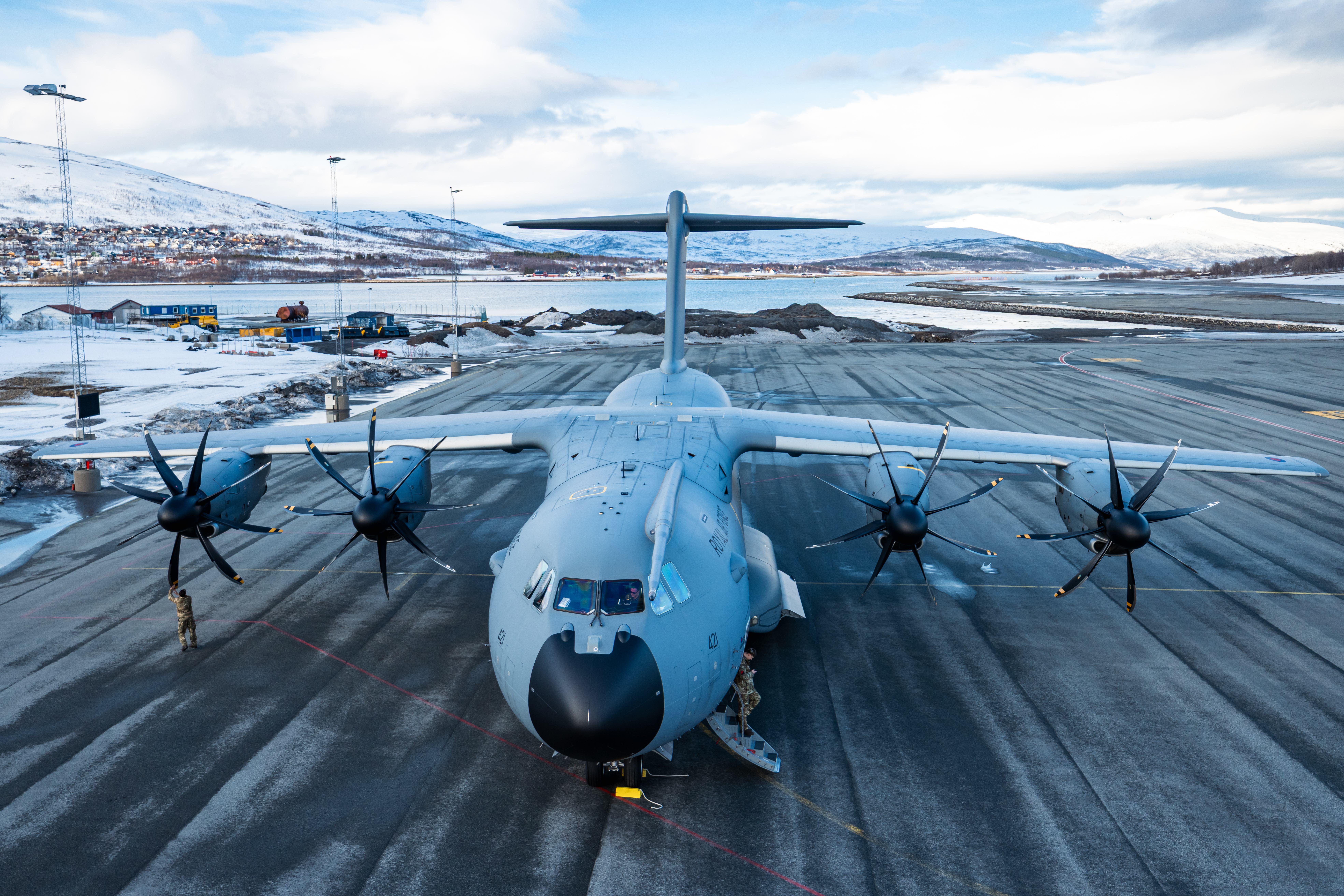 An RAF A400M Atlas on a runway in the High North.