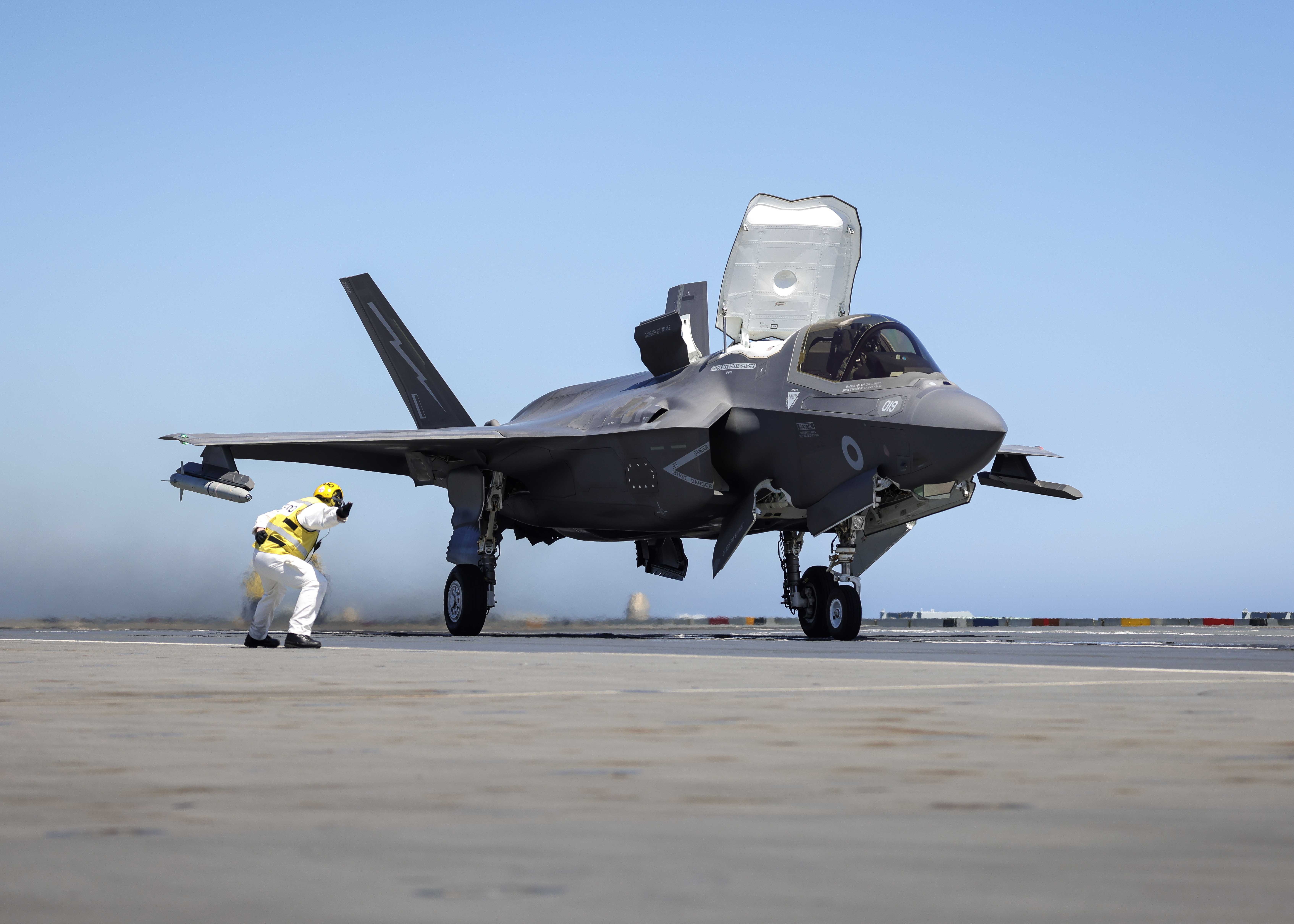 F-35B Lightning Jet takes off from HMS Prince of Wales during Operation Highmast as part of the UK Carrier Strike Group 2025 and Exercise Med Strike.