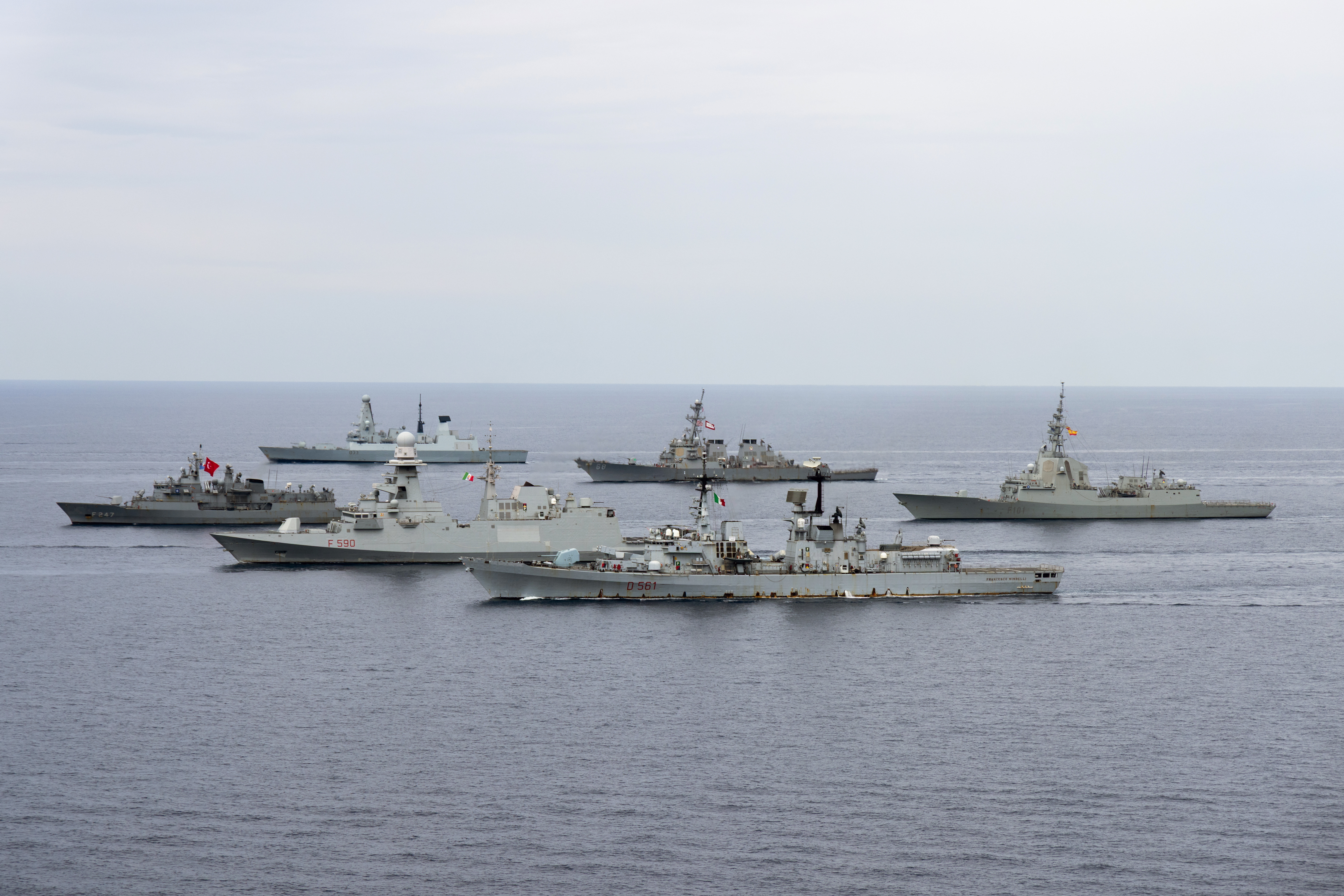 HMS Dauntless (D33), Anti-Air Guided Missile Destroyer of the Royal Navy. USS The Sullivans (DDG-68) Arleigh Burke-class (Flight I) Aegis guided missile destroyer of the US Navy. TCG Kemalreis (F 247) is a Barbaros-class frigate of the Turkish Navy. Álvaro de Bazán (F101) Air Defence Frigate of the Spanish Navy. Carlo Bergamini (F590) is a Carlo Bergamini-class frigate of the Italian Navy. Francesco Mimbelli (D561) is a Durand de la Penne-class destroyer of the Italian Navy. The ships form up as Exercise Med Strike comes to an end, May 2025