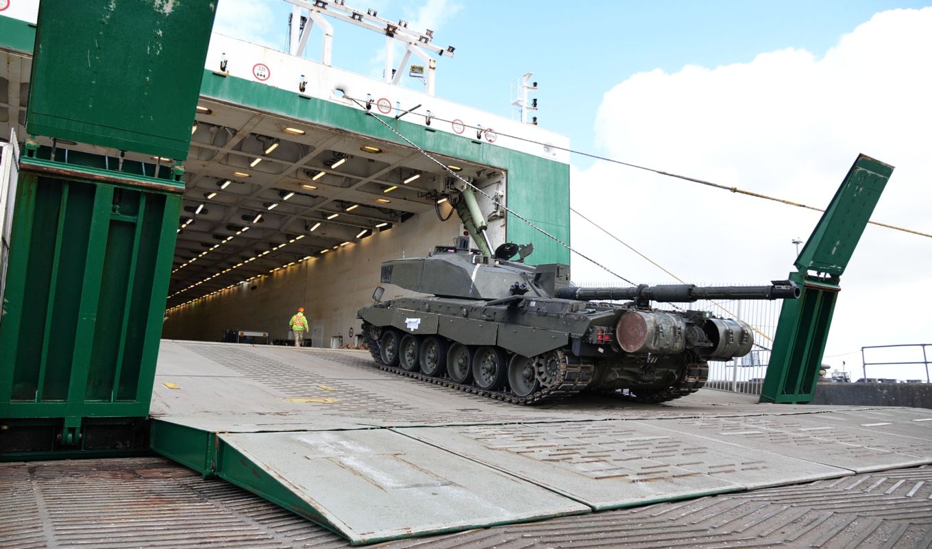 British Army Challenger 2 Main battle tank is loaded onto the MV Eddystone