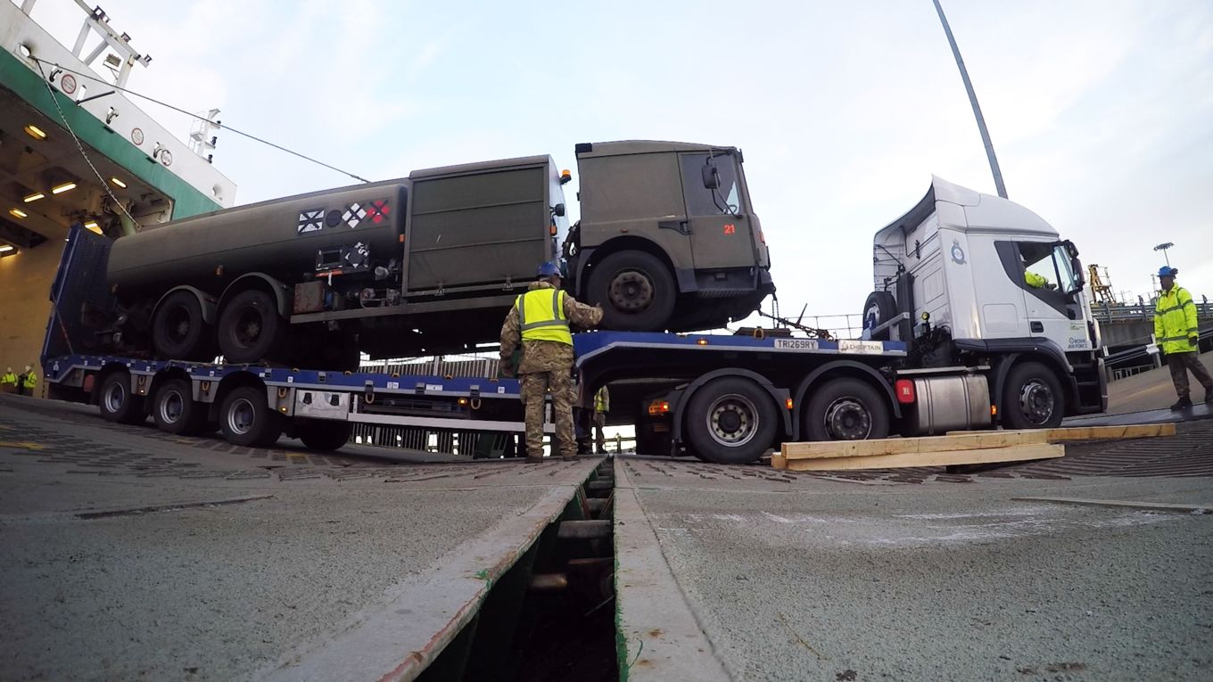RAF Fuel Bowser on a RAF truck loaded onto the MV Eddystone.