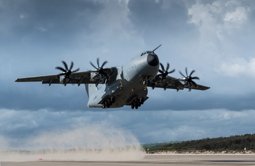 Atlas A400M carries out a series of beach test landings and take-offs.