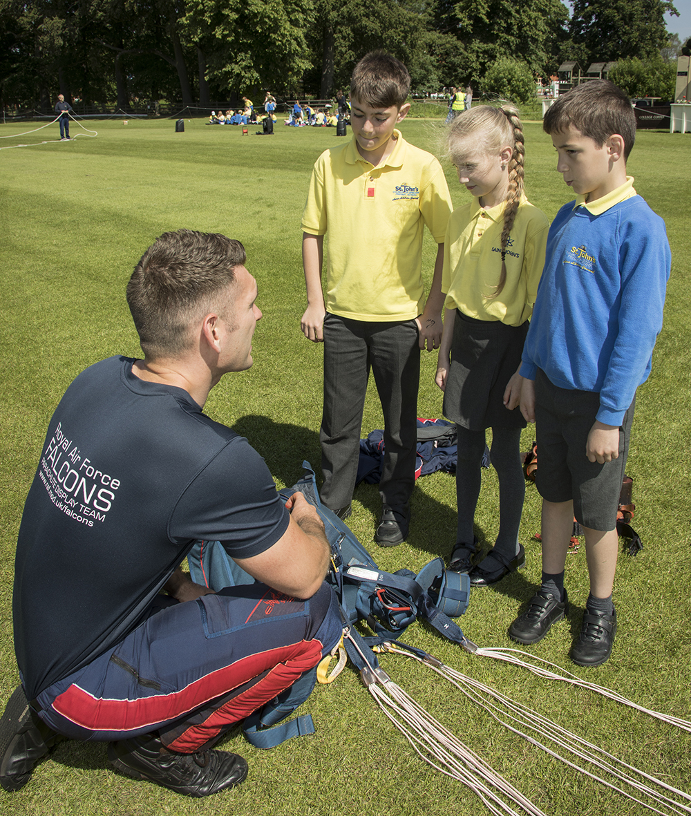 Corporal Chris West, First Year Falcon talks to school children about parachuting at the Cheltenham Science Festival