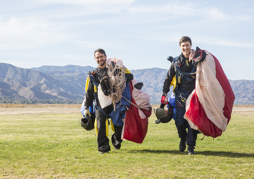 Pictured Sergeant Brook Stebbings (Second Year Falcon) and Flight Lieutenant Chris Wilce (Deputy Officer Commanding RAF Falcons) walking off the drop zone in California