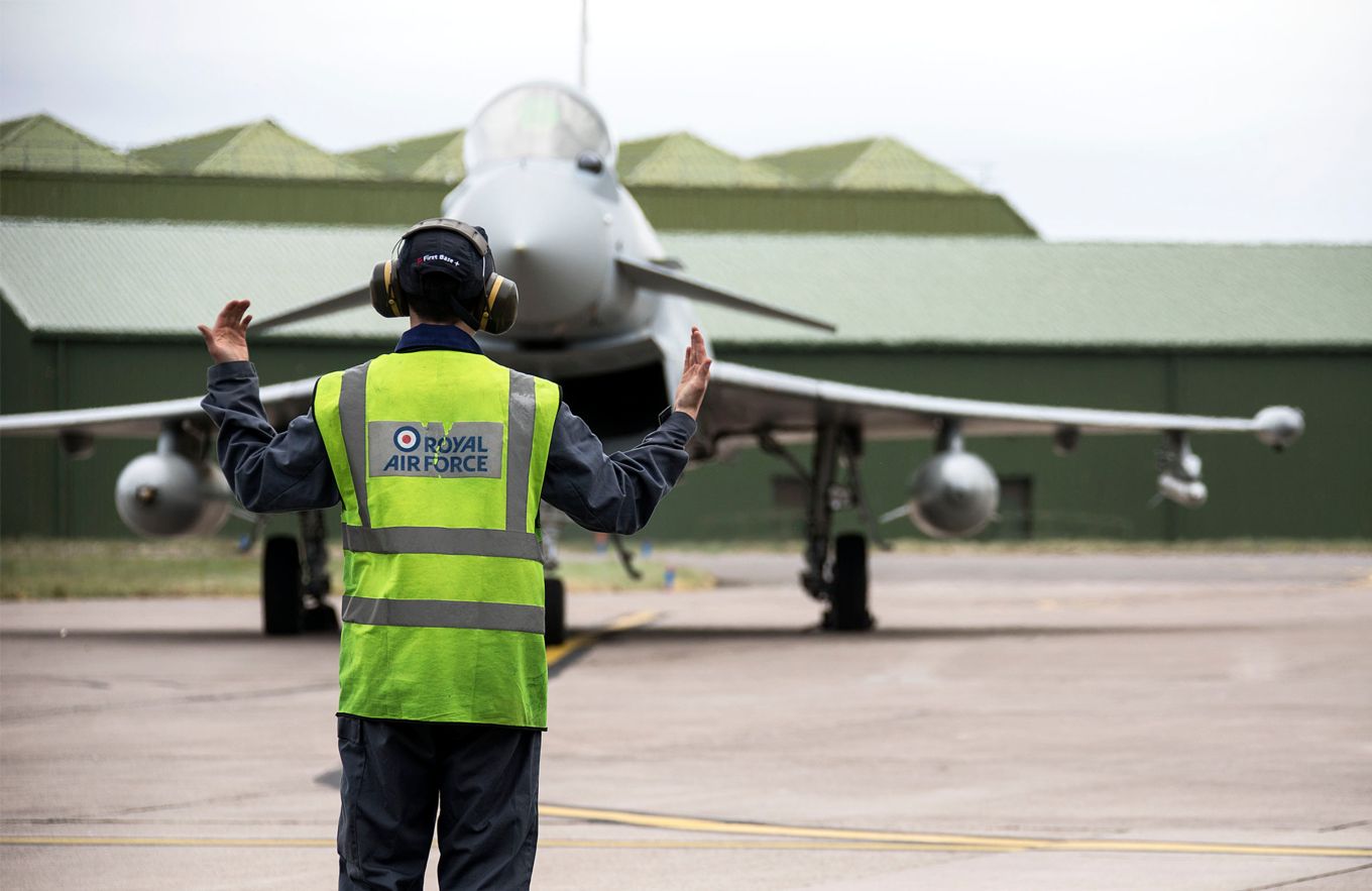 An aircraft controller directs a Typhoon