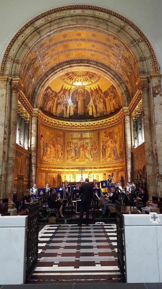 A band rehearses in the Guards Chapel.