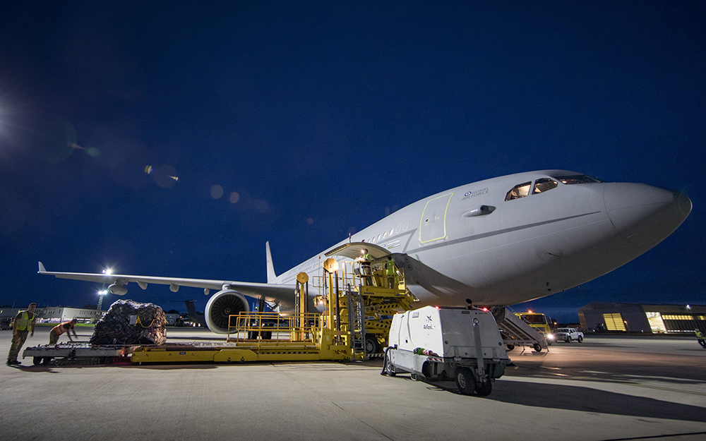 Kit and equipment is loaded onto a Voyager aircraft ready for Exercise Saif Sareea 3