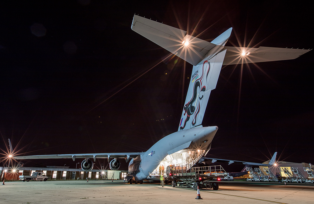 Essential freight for the three-week long exercise is loaded onto a C17 destined for Oman