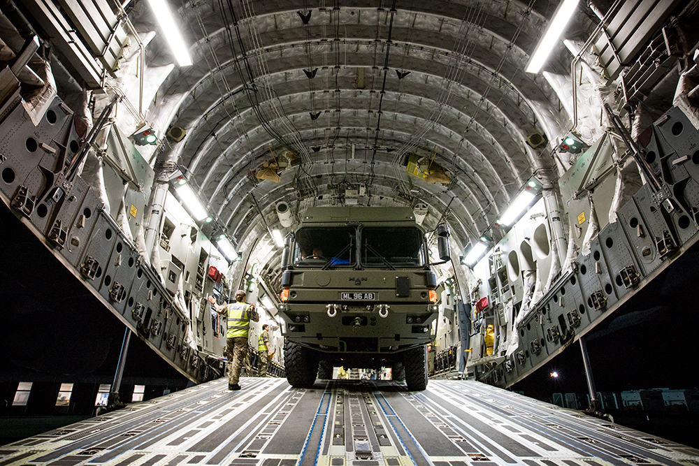 Vehicles and other large equipment is transported to Oman via the C17 operated by No. 99 Squadron