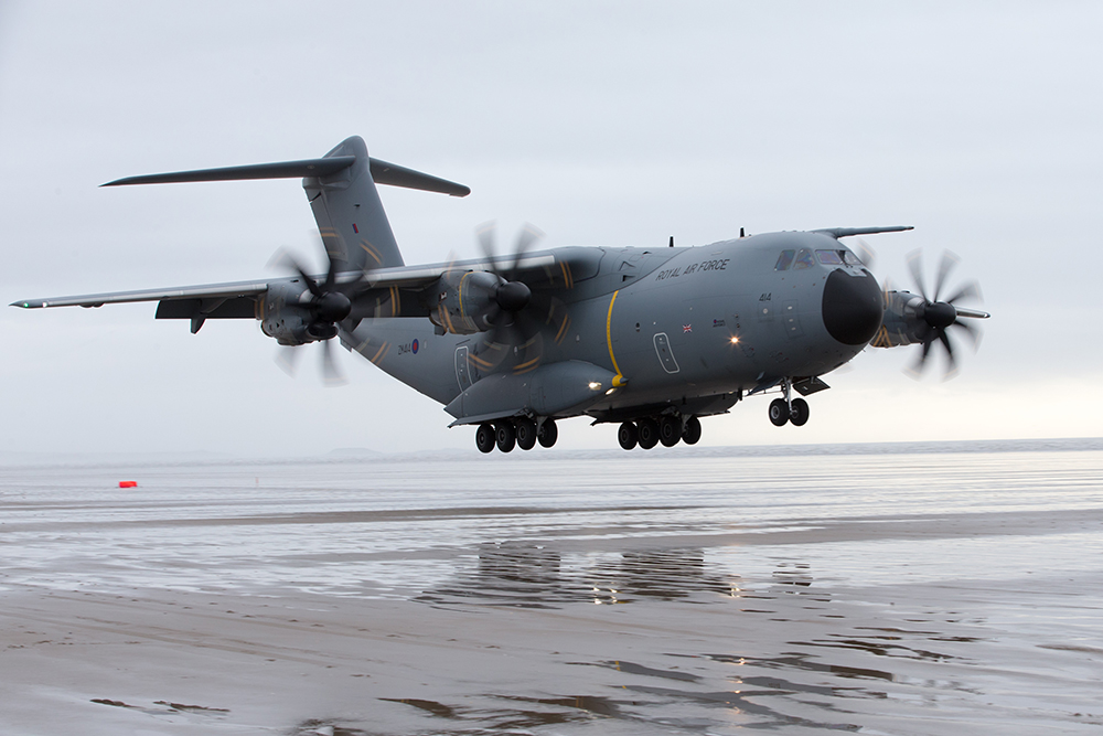 An A400M Atlas conducting natural surface operations at Pembrey Sands in 2018
