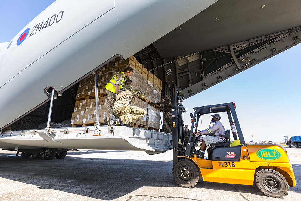 An A400M Atlas delivering 20 tonnes of aid to survivors of cyclone Idai in Mozambique