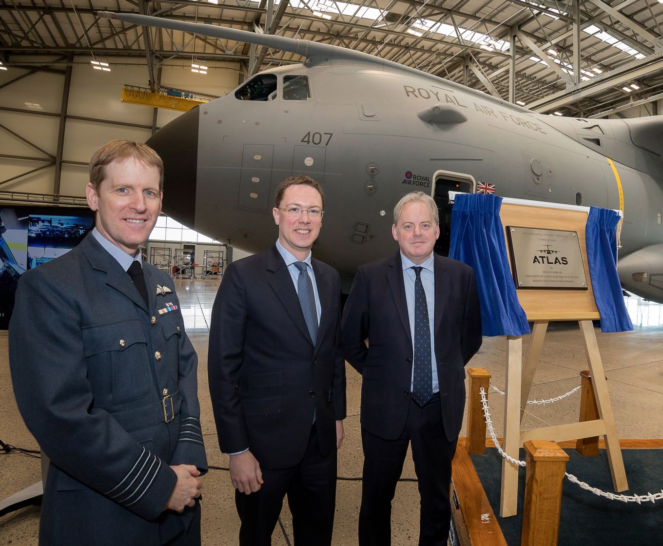 Mr Guto Bebb, MP (far right), Minister for Defence Procurement, officially opened the A400M Atlas hangar at RAF Brize Norton. Group Capatain Tim Jones, Station Commander RAF Brize Norton (left)