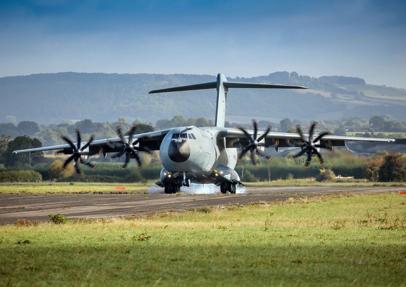 An A400M Atlas arrives at Keevil airfield, Wiltshire. 