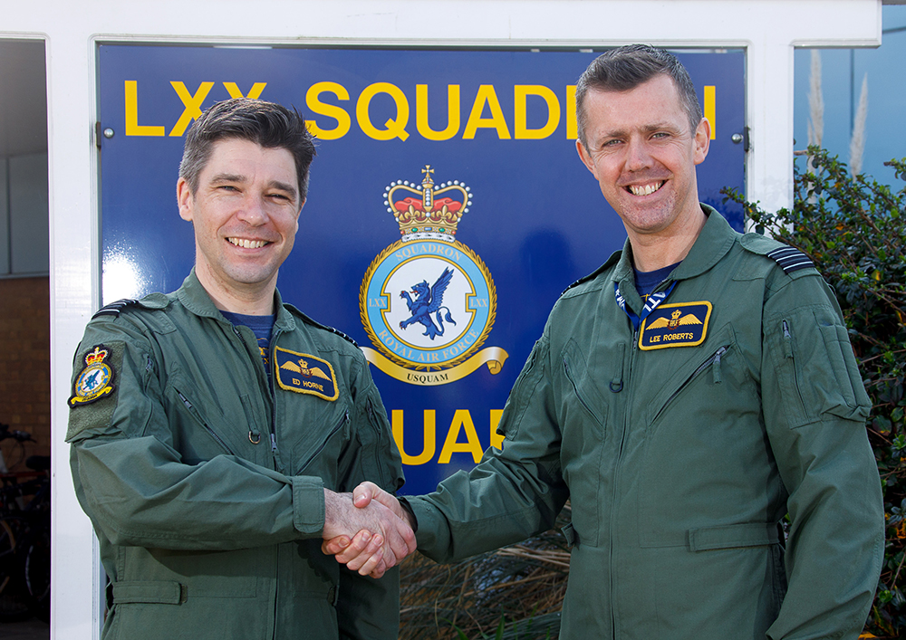 Wing Commander Ed Horne hands over LXX Squadron to Wing Commander Lee Roberts