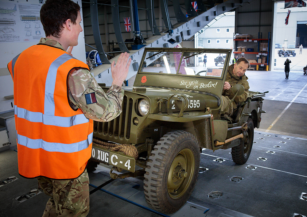 50 World War II Jeeps descended on RAF Brize Norton to try and set a record for the number of Jeeps fitted into the back of an aircraft
