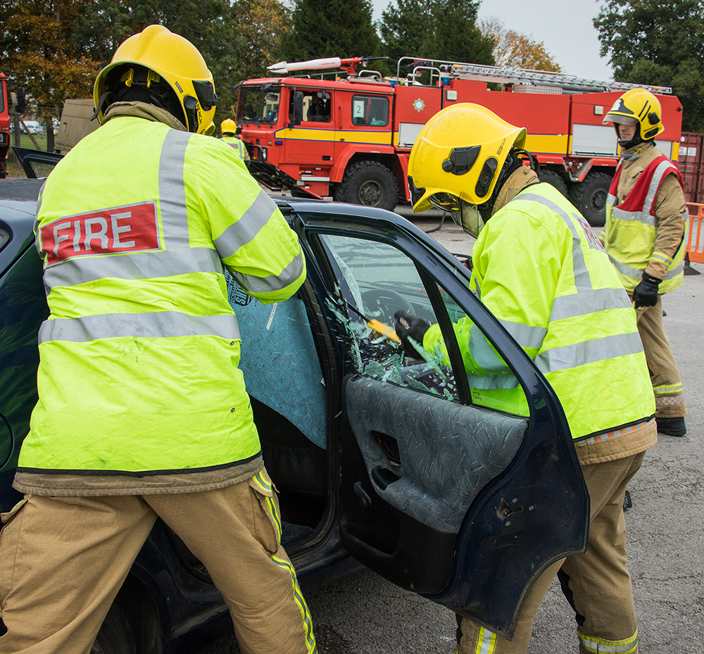 Firefighters are tested within a road traffic collision scenario