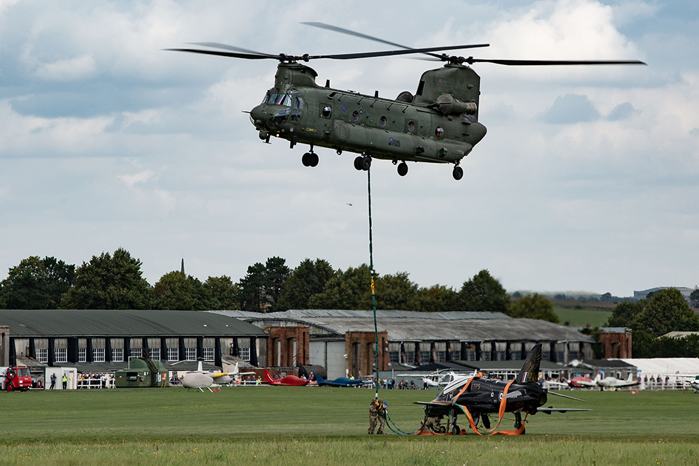 The T1 Hawk delivered safely to Old Sarum, underslung from a No. 27 Squadron Chinook, based at RAF Odiham