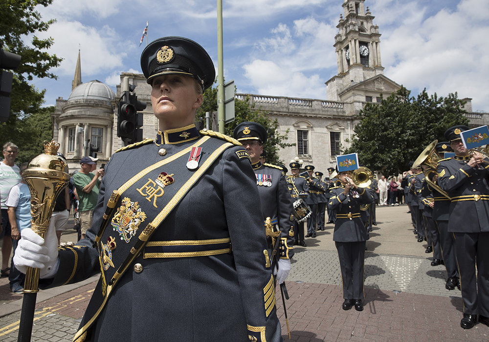 The Band leads the parade through the Town Centre of Torquay.