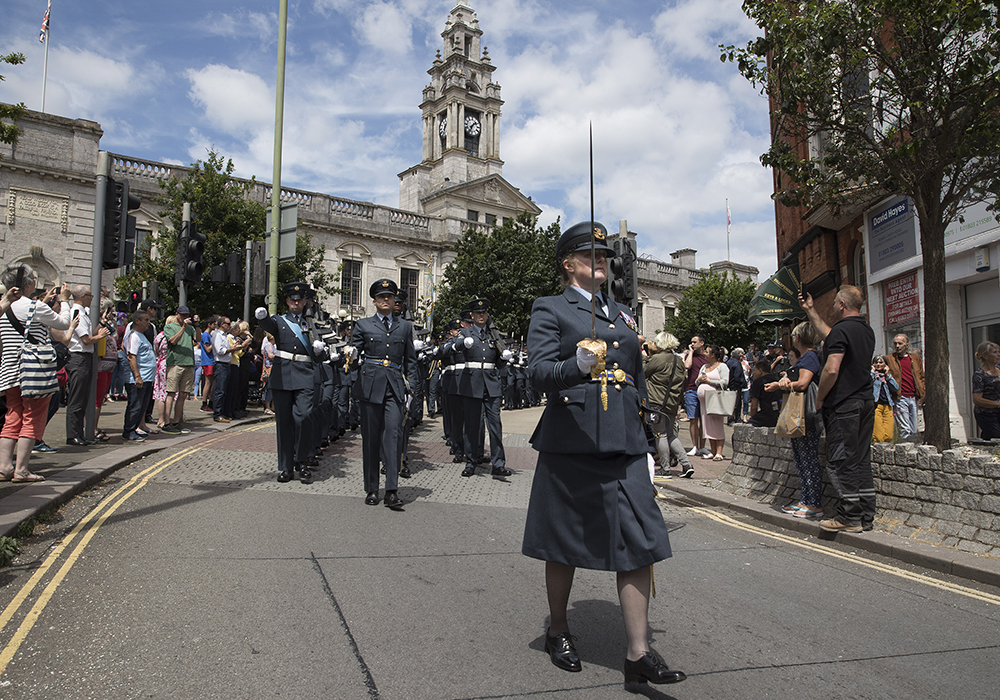 RAF Brize Norton Service personnel march through the busy streets of Torquay.