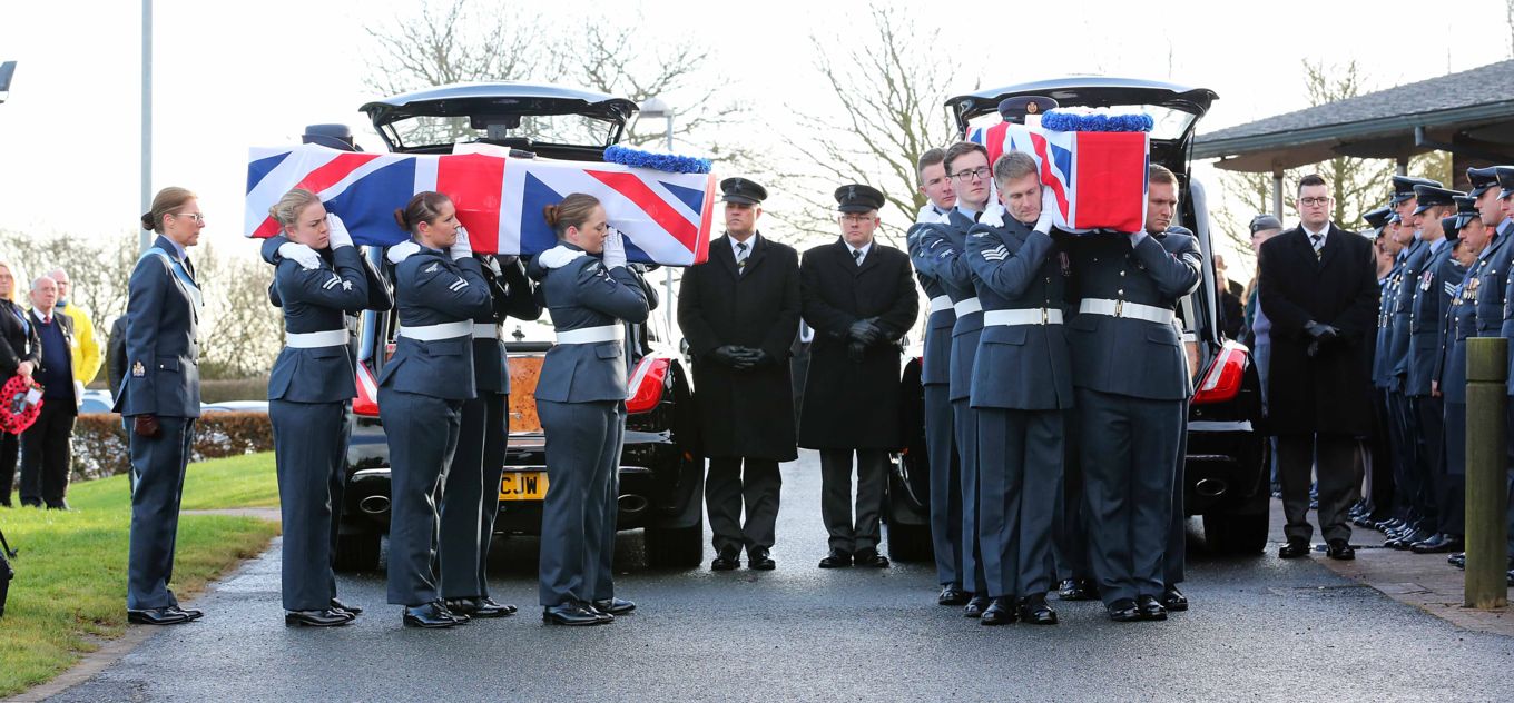 RAF personnel carrying coffins of Victor and Edna Barnett, all female bearer party for Edna and all male for Victor