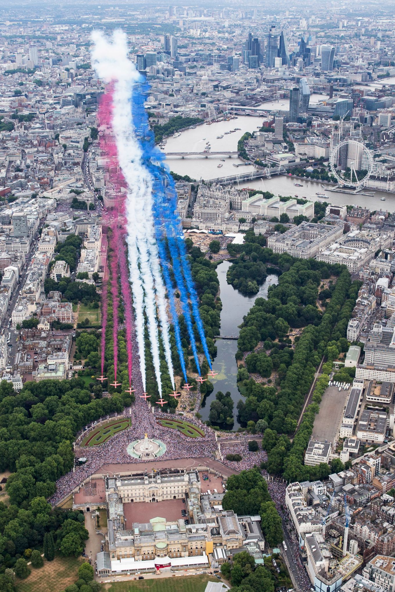 The Red Arrows over London for the RAF100 flypast in July 2018.