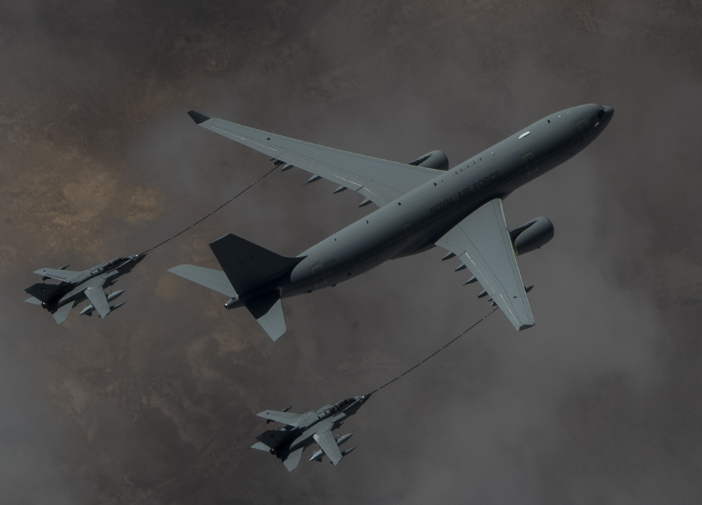 Air-to-air refuelling. Voyager provides fuel for two Tornados.